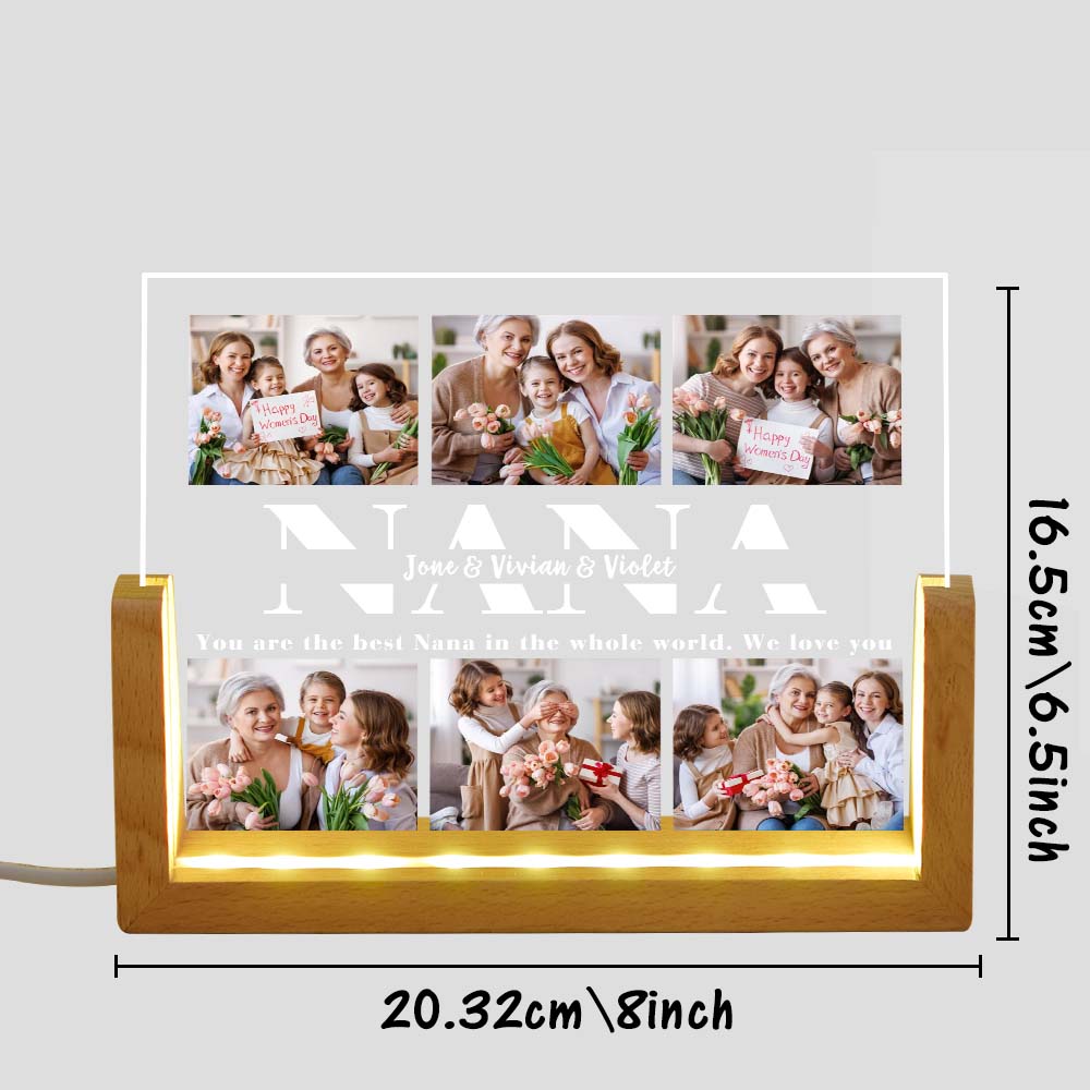 Custom Multi-Photo NANA Personalized Name Acrylic Night Light – U-Shaped Walnut Wooden Base Gift for Grandma