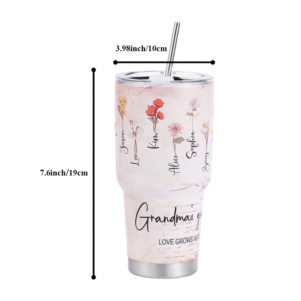 Custom 30oz Insulated Tumbler with Watercolor Birth Flower Name Text – Perfect Birthday Gift for Mom or Grandma