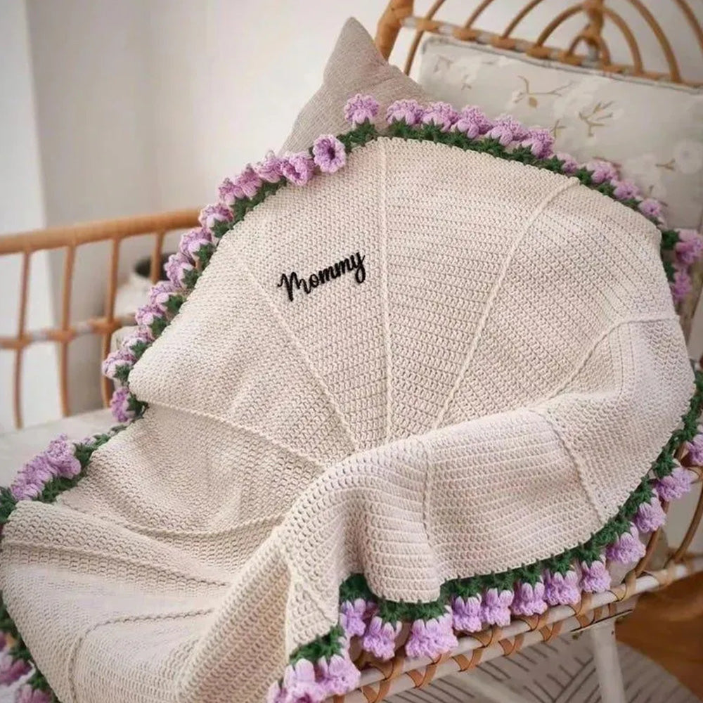Custom Name Hand-Knitted Rose Blanket Ready-Made Gift for Mother's Day 80cm - 150cm