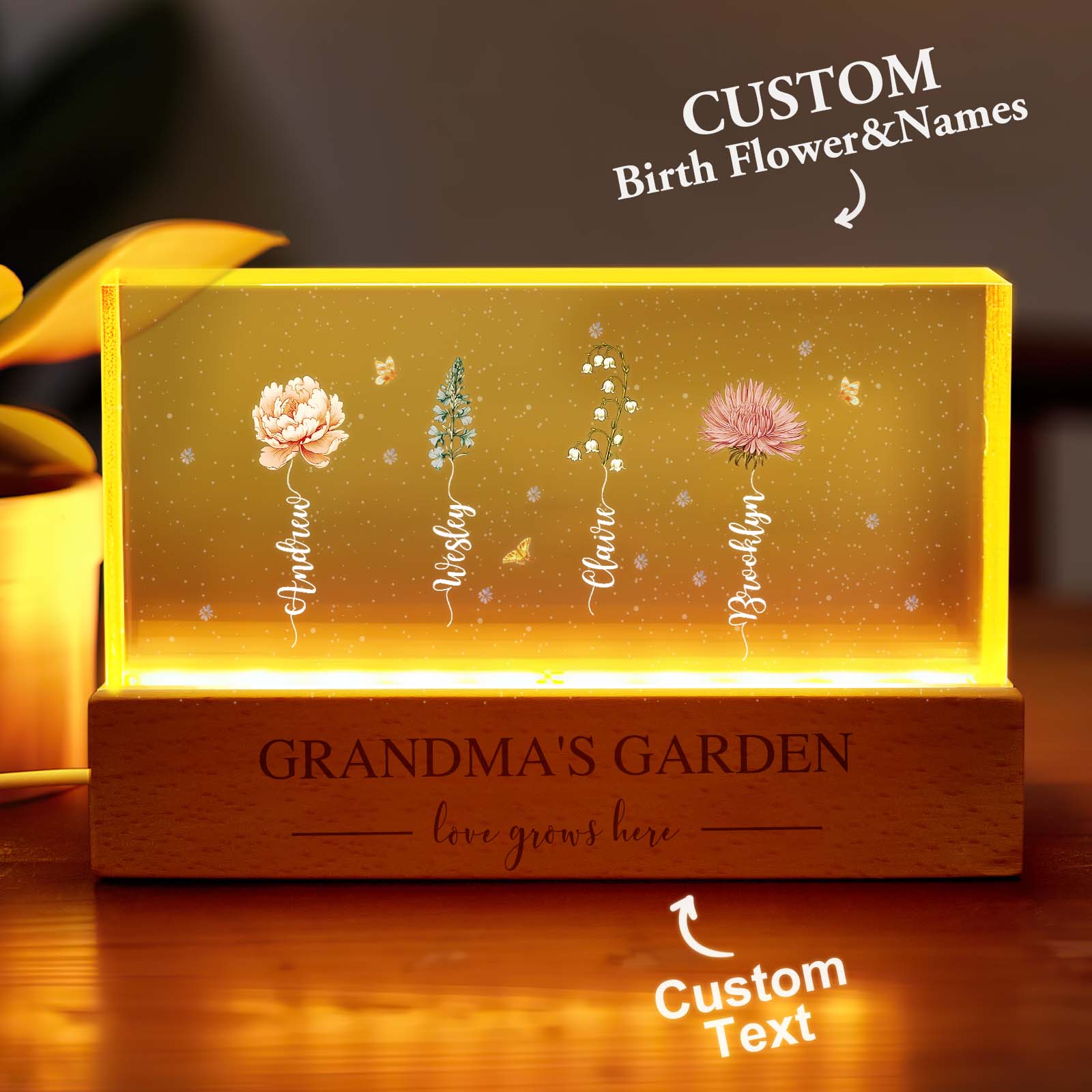 Grandma‘s Garden Birth Month Flowers Personalized Acrylic Block LED Night Light A Heartfelt Gift for Grandma’s Birthday Mother’s Day