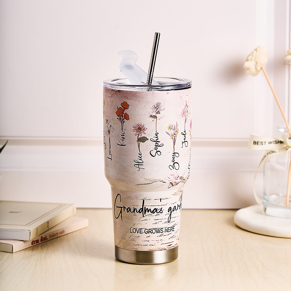 Custom 30oz Insulated Tumbler with Watercolor Birth Flower Name Text – Perfect Birthday Gift for Mom or Grandma