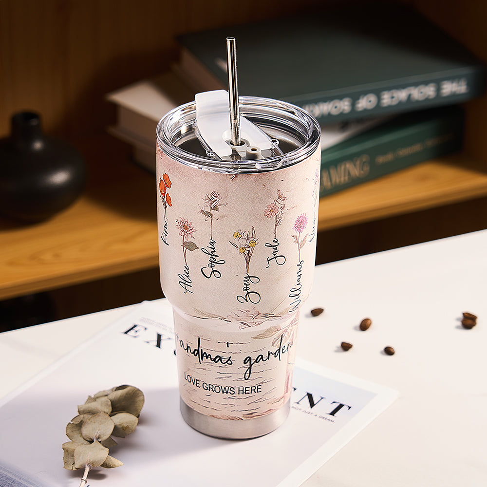 Custom 30oz Insulated Tumbler with Watercolor Birth Flower Name Text – Perfect Birthday Gift for Mom or Grandma