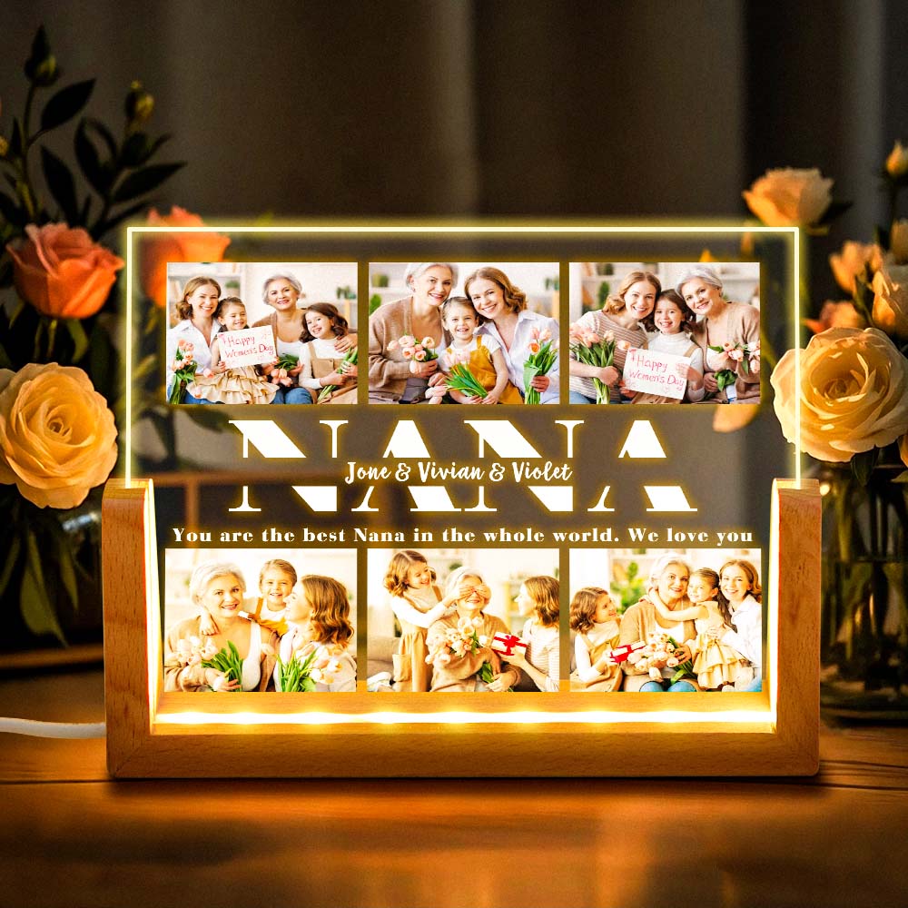 Custom Multi-Photo NANA Personalized Name Acrylic Night Light – U-Shaped Walnut Wooden Base Gift for Grandma